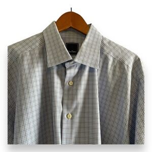David Donahue Men's Dress Shirt Blue Plaid Size 18 34/35 XXL Spread Collar